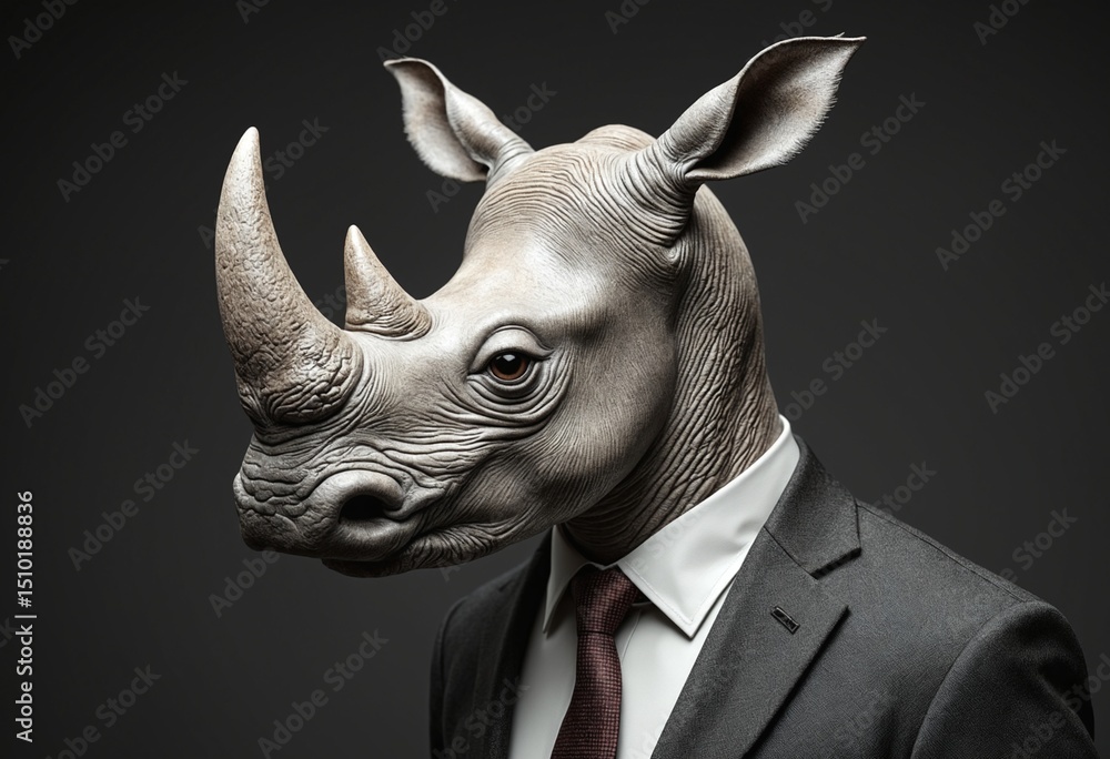 Fototapeta premium Rhino in a Suit Businessman Anthropomorphic Portrait on a Dark Background, Wild in Finance