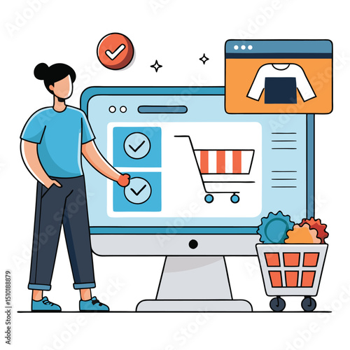 Woman Shopping Online with Computer and Cart Full of Items E commerce and Digital Marketing Concept Illustration