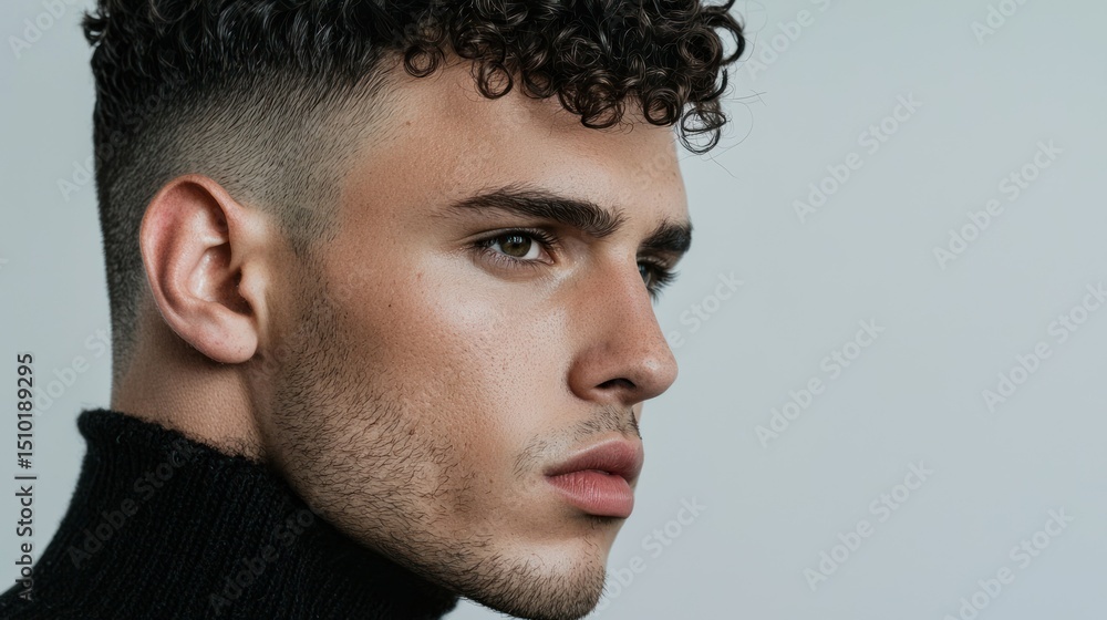 Obraz premium Male model with drop fade and short curls, relaxed style