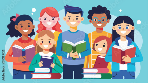 Diverse Group of Smiling Students Holding and Reading Books Illustration on Light Blue Background