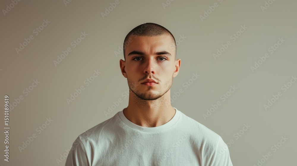 Fototapeta premium Man with clean buzz cut and casual T-shirt, facing front