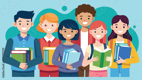 Diverse Group of Smiling Students Holding Books and Reading with Cheerful Expressions