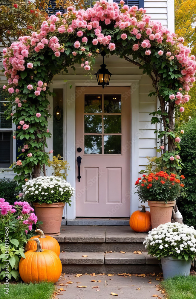 Obraz premium Fall cottage entrance adorned with asters and chrysanthemums, featuring orange pumpkins on stone steps.