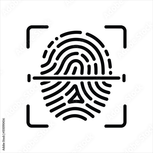 Vector illustration of a black and white fingerprint biometric scan icon for security and identity.