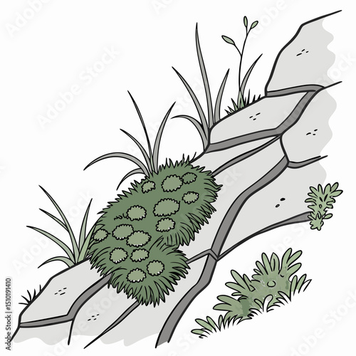 Moss and lichen growing on a stone with grasses in a flat nature design
