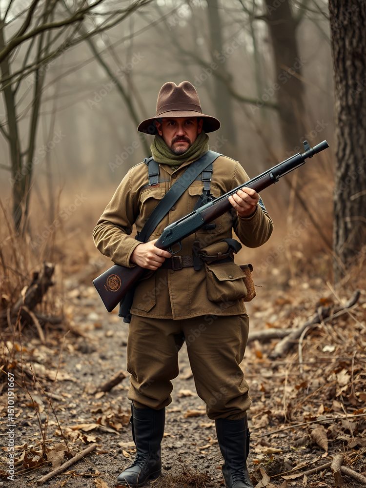Naklejka premium Minuteman fighter standing while holding a old riffle