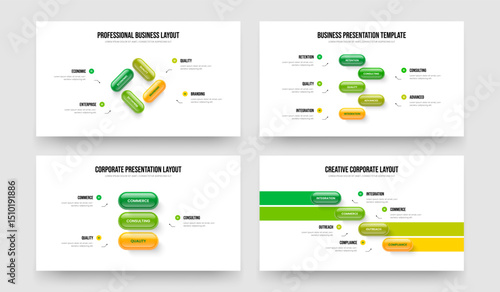 Product Review 4 5 3 4 Option Infographic Slideshow Layout Collection. Investor Performance Four Five Three Four Element Diagram Presentation Template Vector Illustration Bundle.