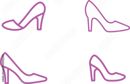 Outline Icon Set with Four Elegant Pink High Heel Shoes on White Background