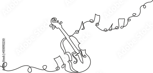 Violin with Music Stand and Sheet Notes – Line Art Vector, Classical Music Instrument Illustration for Education and Design, Elegant One Line Drawing for Music School or Learning Materials.