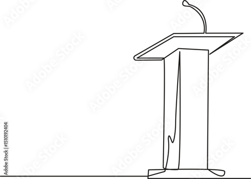 Single one line drawing podium with microphone. Usually used in speech or oration. Also work for press releases. Podium can also used for debate election. Orator. Vector Illustration.