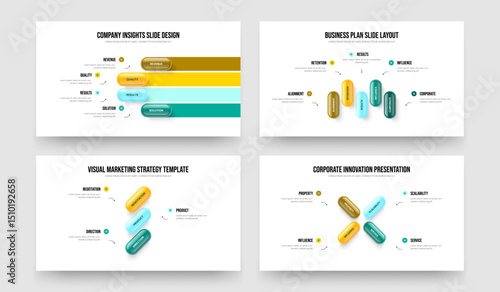 Corporate Visualization Four Five Three Four Element Infographic Frame Design Vector Illustration Bundle. Company Forecast 4 5 3 4 Option Diagram Slide Template Set.