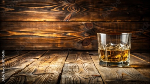 wooden table with whiskey glass on it