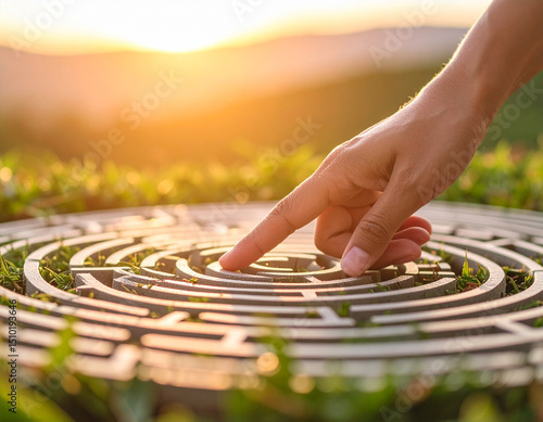 A hand traces labyrinth patterns, representing the journey of self-discovery and finding one's own path to mental wellness.