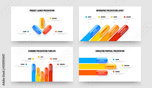 Product Strategy Three Four Five Three Step Diagram Presentation Design Vector Illustration Collection. Market Introduction 3 4 5 3 Option Infographic Slideshow Layout Bundle.