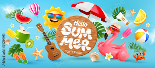 Summer banner template with tropical beach elements and wooden summer signboard featuring inflatable flamingo, fruits, sun, and accessories on blue sky background for vacation promotion