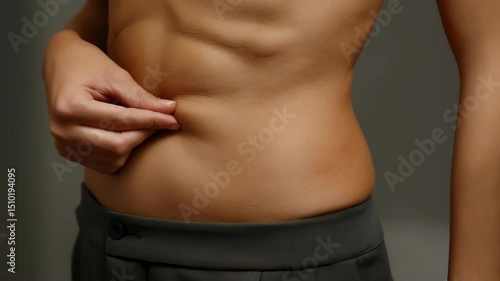 Woman's abdomen being pinched to check body fat percentage, healthy eating lifestyle, wellness and diet, healthy concept, side view
