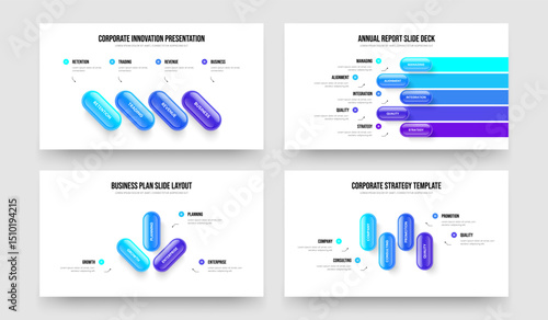 Advertising Campaign Four Five Three Four Element Diagram Presentation Template Vector Illustration Set. Market Analysis 4 5 3 4 Option Infographic Slide Layout Bundle.