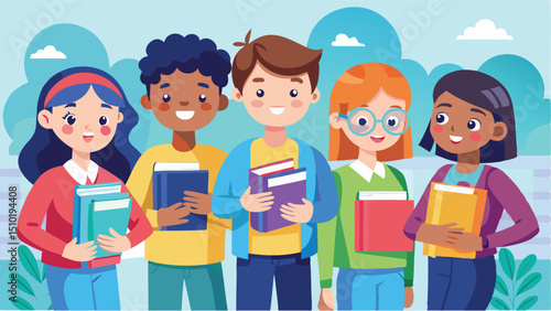 Diverse Group of Students Holding Books Cartoon Illustration for Education and Learning