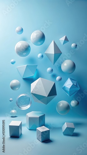 Geometric shapes in various sizes float on a serene abstract blue background