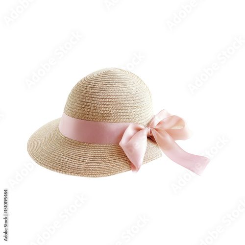 Delicate Straw Hat with a Touch of Pink isolated on white background