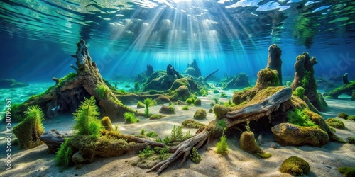 Aquatic plant-covered rock formations and driftwood on the ocean floor