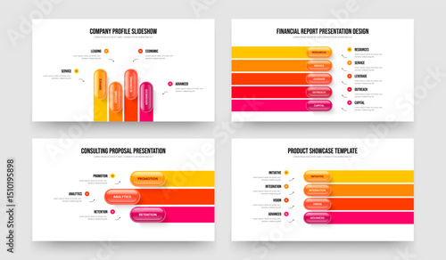 Modern Performance 4 5 3 4 Option Infographic Slideshow Template Bundle. Service Insight Four Five Three Four Element Diagram Slide Design Vector Illustration Collection.