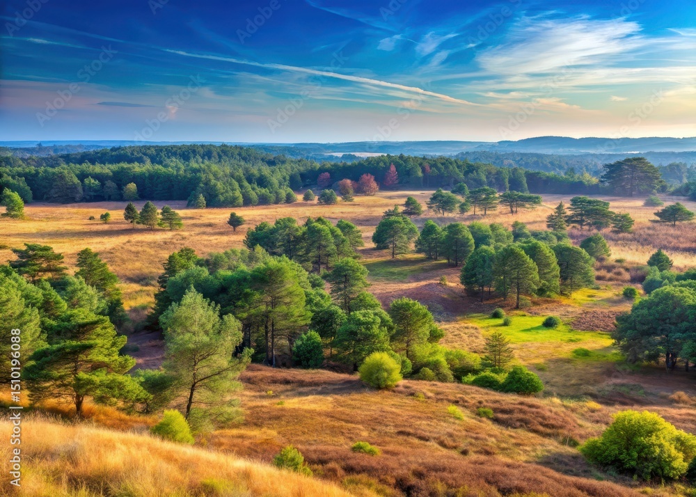Obraz premium Panoramic landscape with tall trees and rolling hills in Mechelse Heide nature reserve
