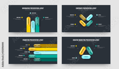 Market Launch Three Four Five Three Option Infographic Frame Design Vector Illustration Set. Consulting Portfolio 3 4 5 3 Element Diagram Slide Template Bundle.