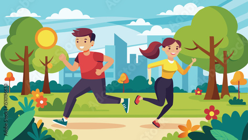 Cartoon Illustration of a Man and Woman Running in a Park During Daytime