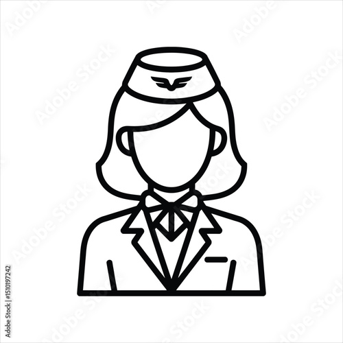 Outline illustration of a professional female flight attendant in uniform on white background