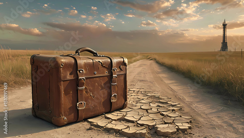 Wallpaper Mural Vintage Suitcase on Country Road Horizon Digital Illustration Torontodigital.ca