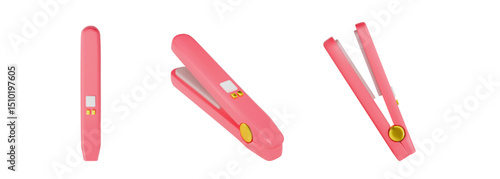 A set of 3d objects. Hair straightener in different angles in pink color. Vector illustration on isolated white background