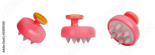 a set of 3d objects in different angles. Pink silicone head massage brush with gold handle. Massager to stimulate hair growth. Vector illustration on isolated white background