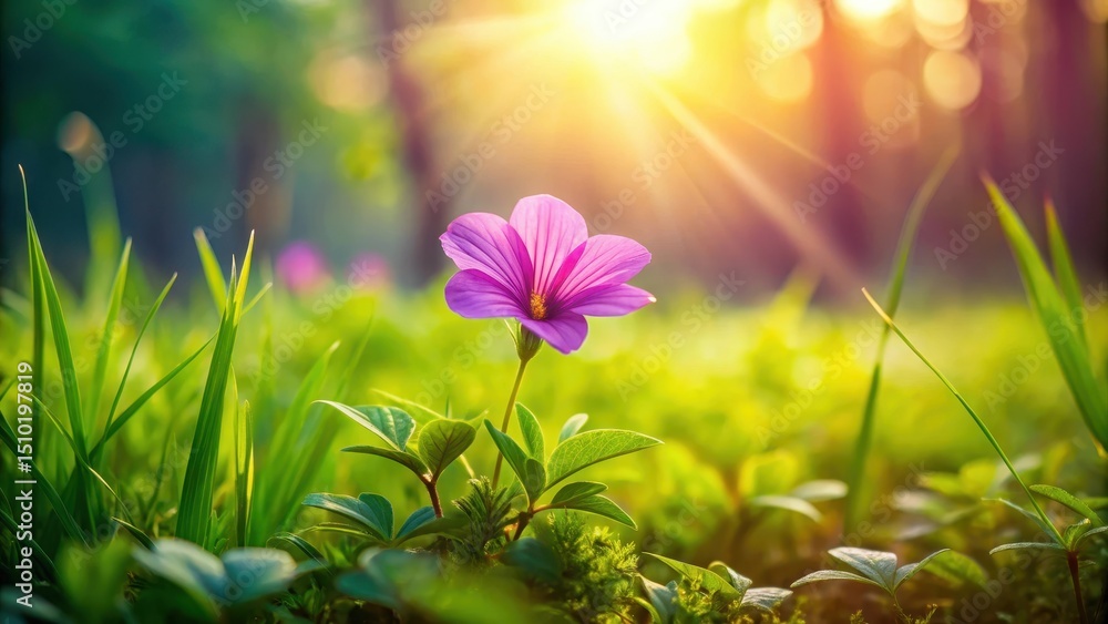 Fototapeta premium A delicate purple flower blooms in a lush green meadow with soft grass