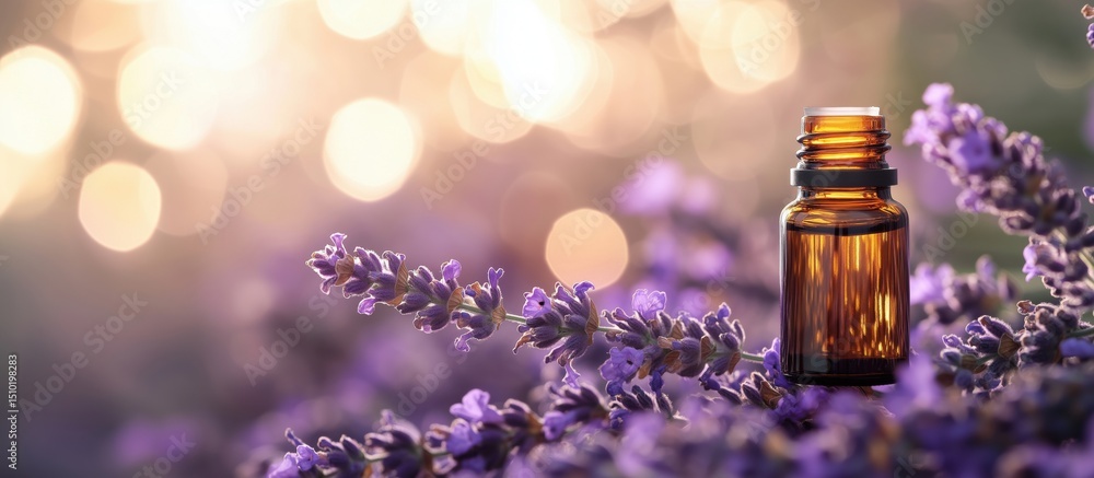 custom made wallpaper toronto digitalLavender essential oil bottle surrounded by blooming lavender flowers and soft bokeh background