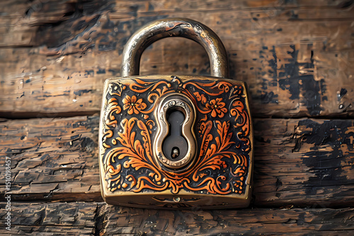 Wallpaper Mural Ornate Golden Padlock on Wooden Surface Digital Illustration Torontodigital.ca