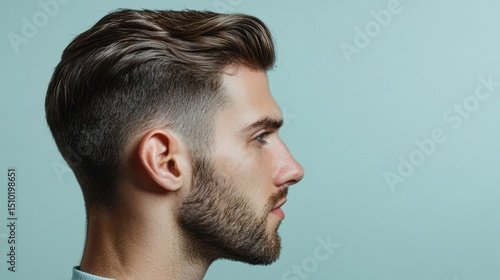 Side view of stylish comb over cut, neutral background