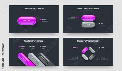 Company Strategy 1 2 3 4 Option Diagram Slideshow Template Bundle. Consulting Introduction One Two Three Four Element Infographic Frame Layout Vector Illustration Collection.