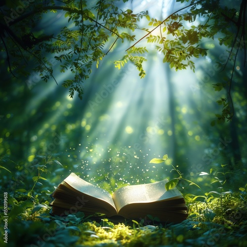 Wallpaper Mural Magical open book in enchanting forest with sunlight and sparkling particles Torontodigital.ca