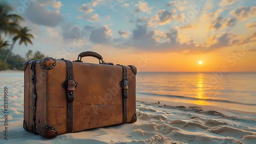Wallpaper Mural Leather Suitcase on Tropical Beach at Sunset Digital Illustration Torontodigital.ca