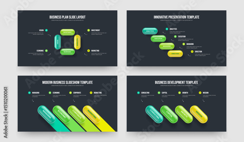 Business Innovation Four Four Four Four Element Infographic Slideshow Layout Vector Illustration Bundle. Corporate Portfolio 4 4 4 4 Option Diagram Slide Template Collection.