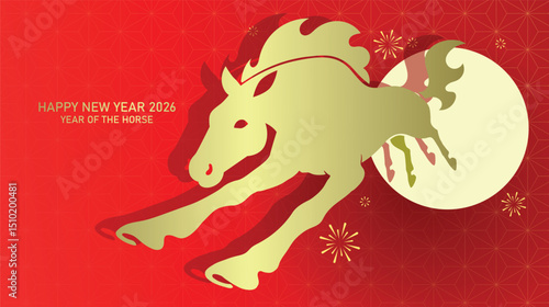 Zodiac horse jumping on festive cny 2026 background. Golden horse silhouette on red background with fireworks decorations.