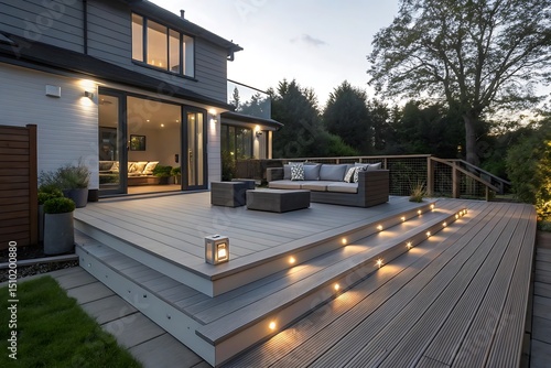Modern composite deck with ash grey surface, stylish lighting, outdoor sofa, and garden plants. Ideal exterior for home, patio, landscaping, or residential architecture at dusk.
