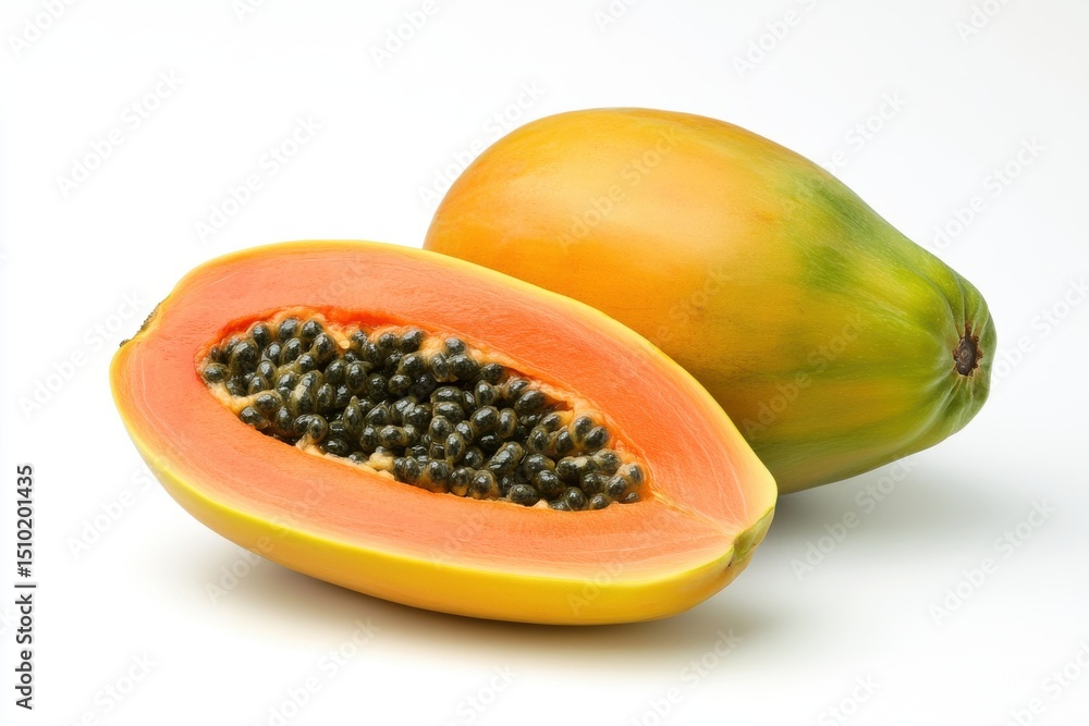 Ripe papaya fruit halved and whole on white background. Ripe papaya fruit halved and whole on white background.