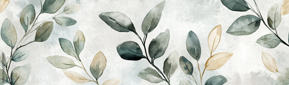 Fototapeta premium A seamless pattern with digital watercolor leaves in soft greens and golds, their forms layered against each other on a grey background.