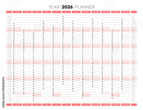 2026 year blank planner calendar for monthly and daily agenda. Red schedule page journal, stationery calendar, organizer, planner template with twelve months