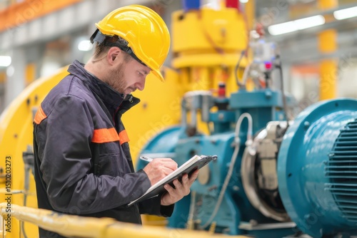an industrial engineer inspecting the horizontal electric motor and pump in use, taking notes on a notepad