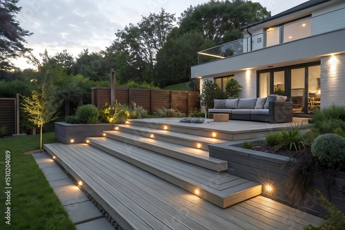 Modern composite deck with ash grey surface, stylish lighting, outdoor sofa, and garden plants. Ideal exterior for home, patio, landscaping, or residential architecture at dusk.