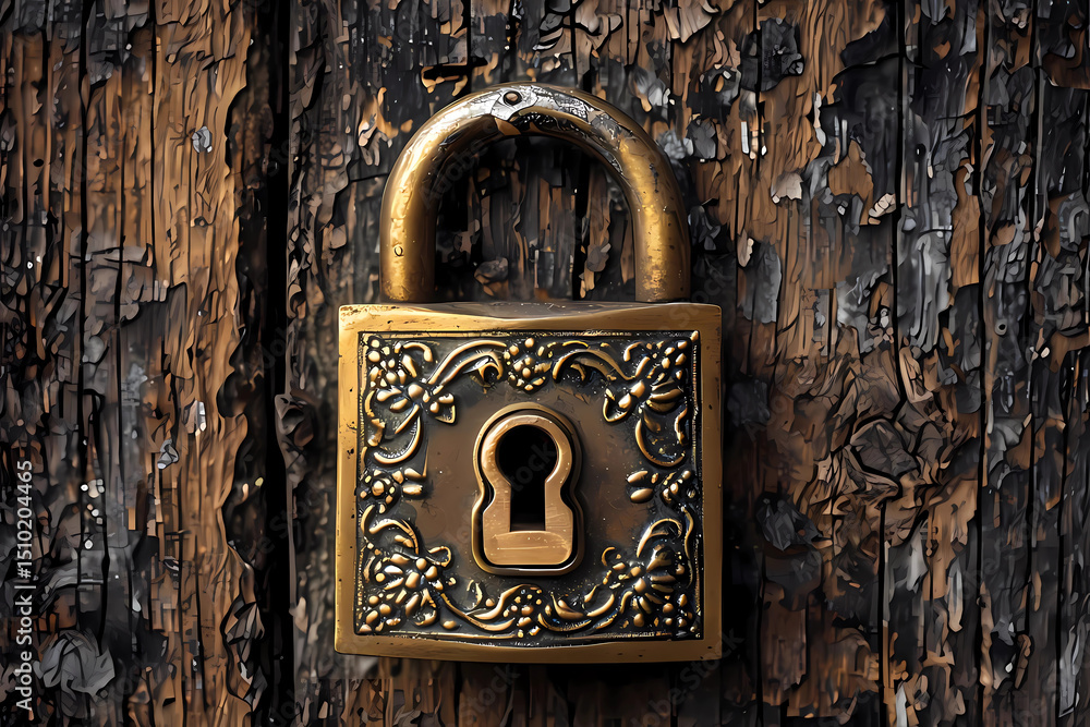 custom made wallpaper toronto digitalAntique Brass Lock on Rustic Wooden Wall Digital Illustration