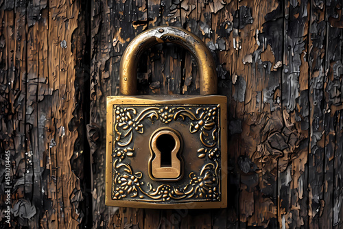 Wallpaper Mural Antique Brass Lock on Rustic Wooden Wall Digital Illustration Torontodigital.ca